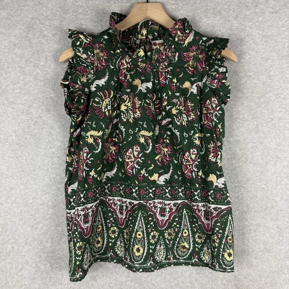 Jude Connally Shirt Womens Small Green‎ Gold Floral Ruffle Garden Party Colorful - Picture 1 of 10